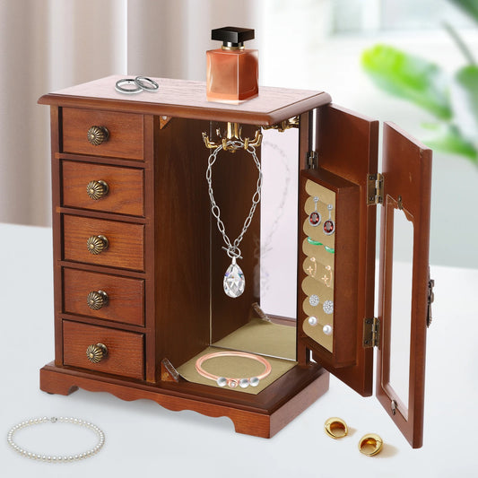 Wooden Jewelry Box 5 Drawers Vintage Desktop Storage Organizer with Mirror Necklace Ring Display Case for Women Girls Gift