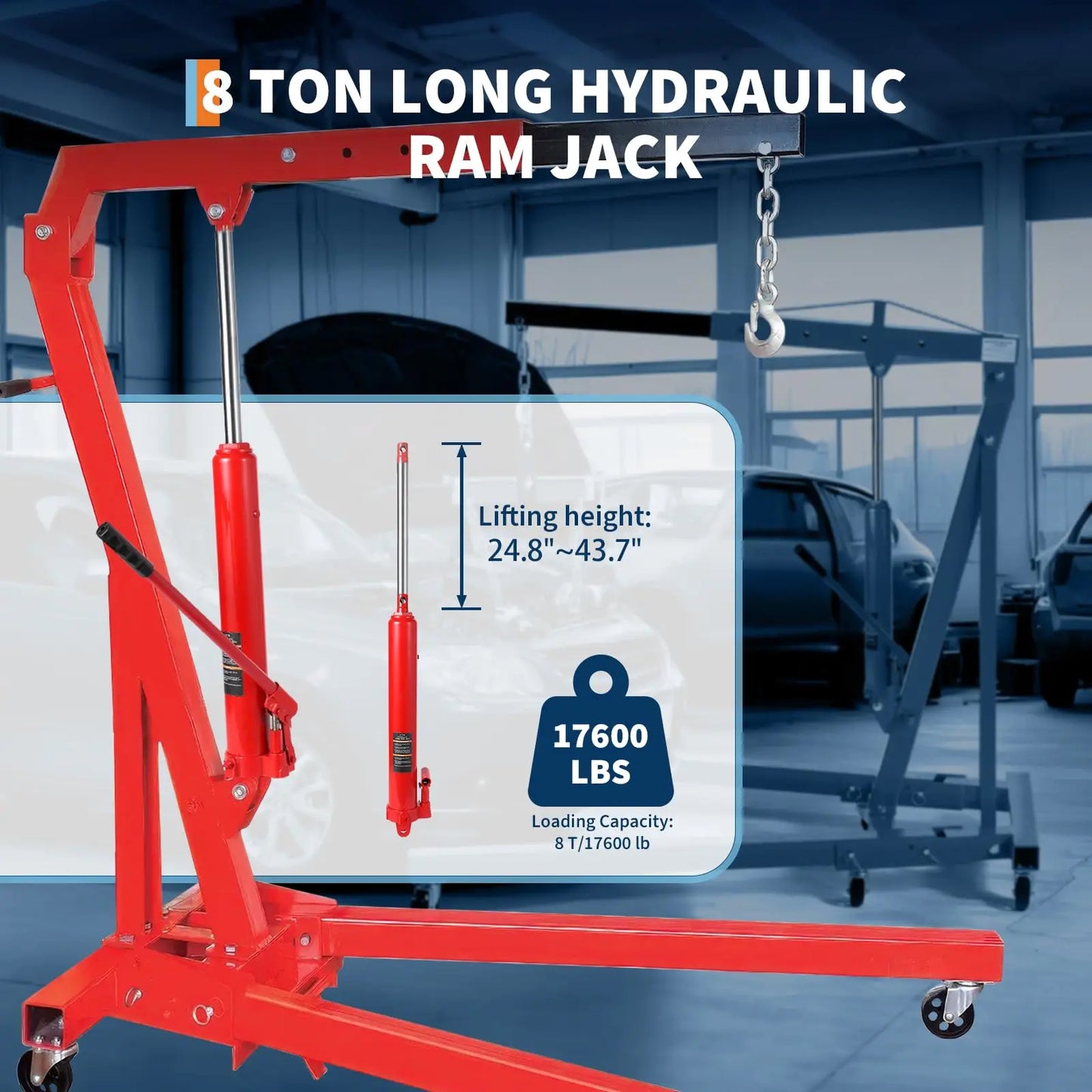 8 Ton Air/Hydraulic Long Ram Jack, Engine Hoist Cylinder with Air Pump & Clevis Base, Long Ram Jack for Engine Hoists, Garage Crane