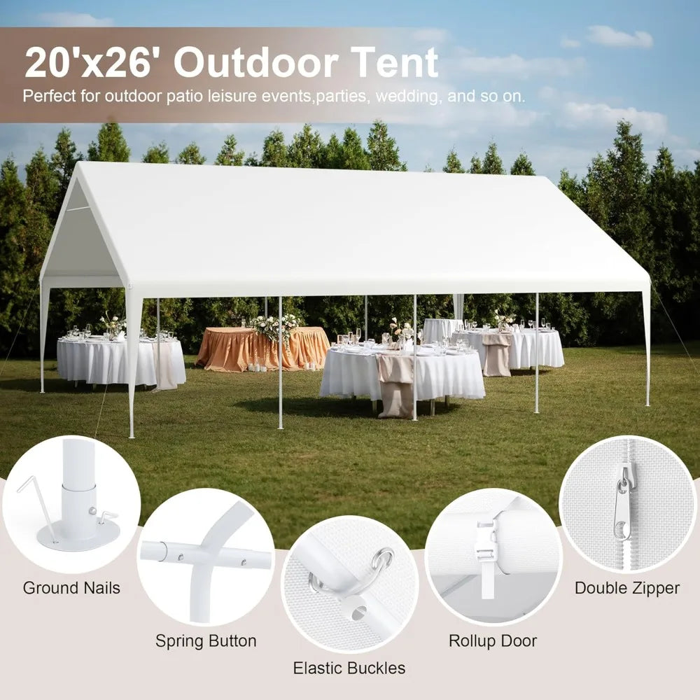 "20 ft x 26 ft durable carport with roll-up clear panels, reinforced party tent with detachable walls and doors"