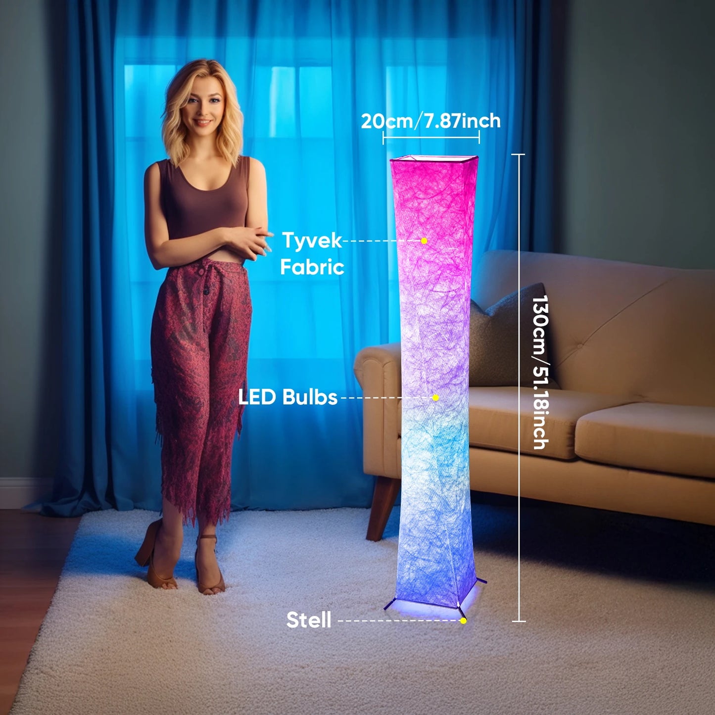 52" Simple Design Soft Light Floor Lamp, Morden Slim RGB 16 Color Changing LED Tyvek Fabric Shade Dimmable Remote Control Stand