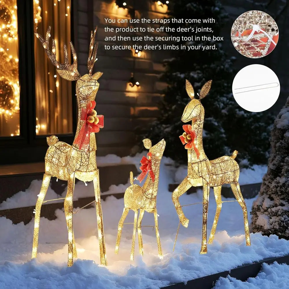 Illuminated 3 D Reindeer Family Christmas Decoration Set with 210 LED's, Outdoor Lawn Display with Stakes and Bows