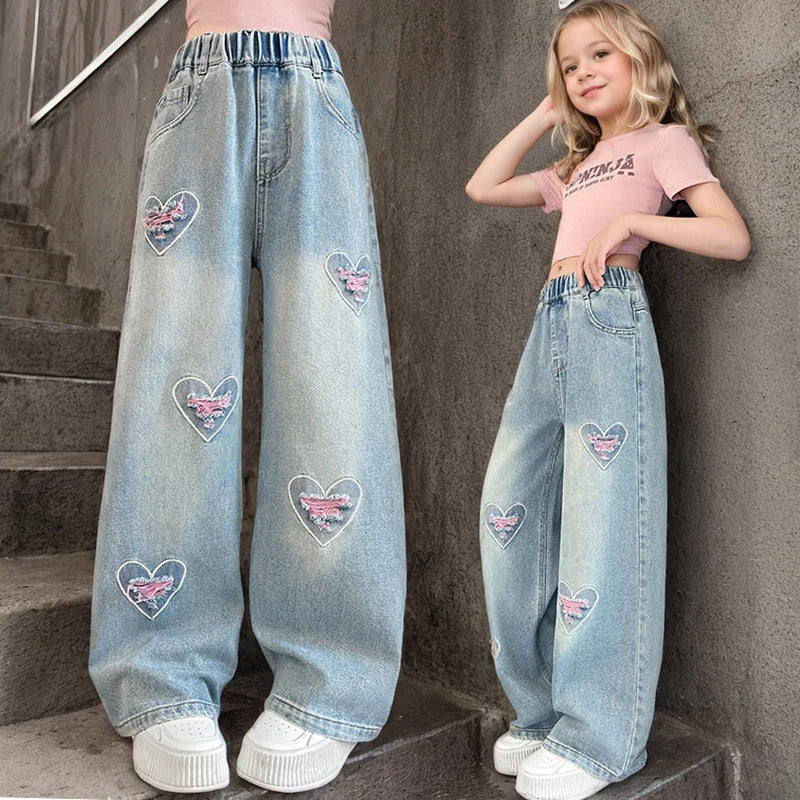 Girls pink love cut hole ripped jeans fashionable and versatile  wide-leg straight-leg pants 5-15 years old