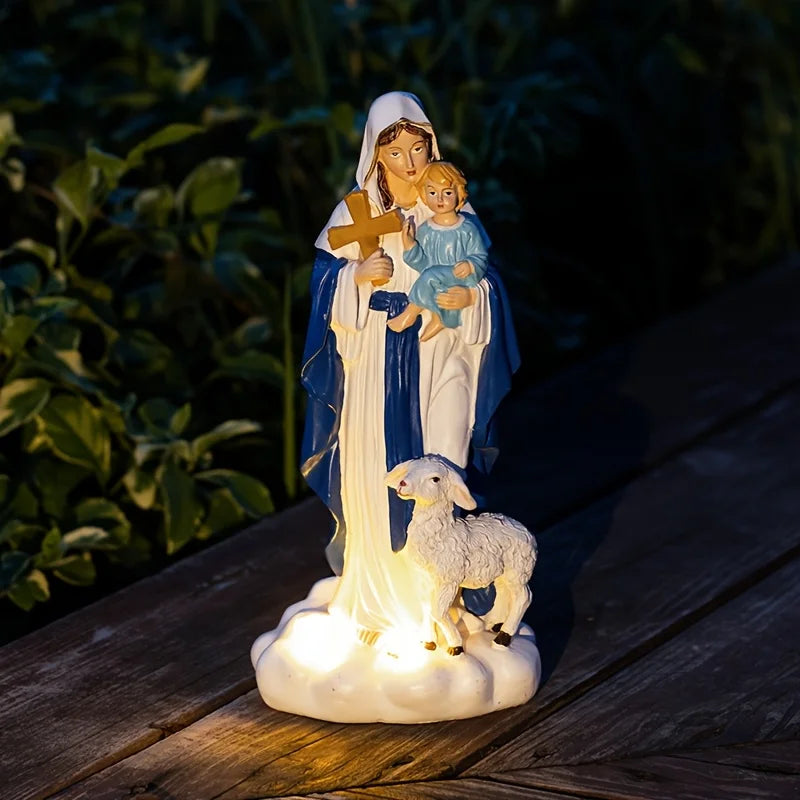 Statue Outdoor Decor Solar Light, Jesus Birth Figure Resin Statue, Solar Jesus Nativity holding child and sheep statue light