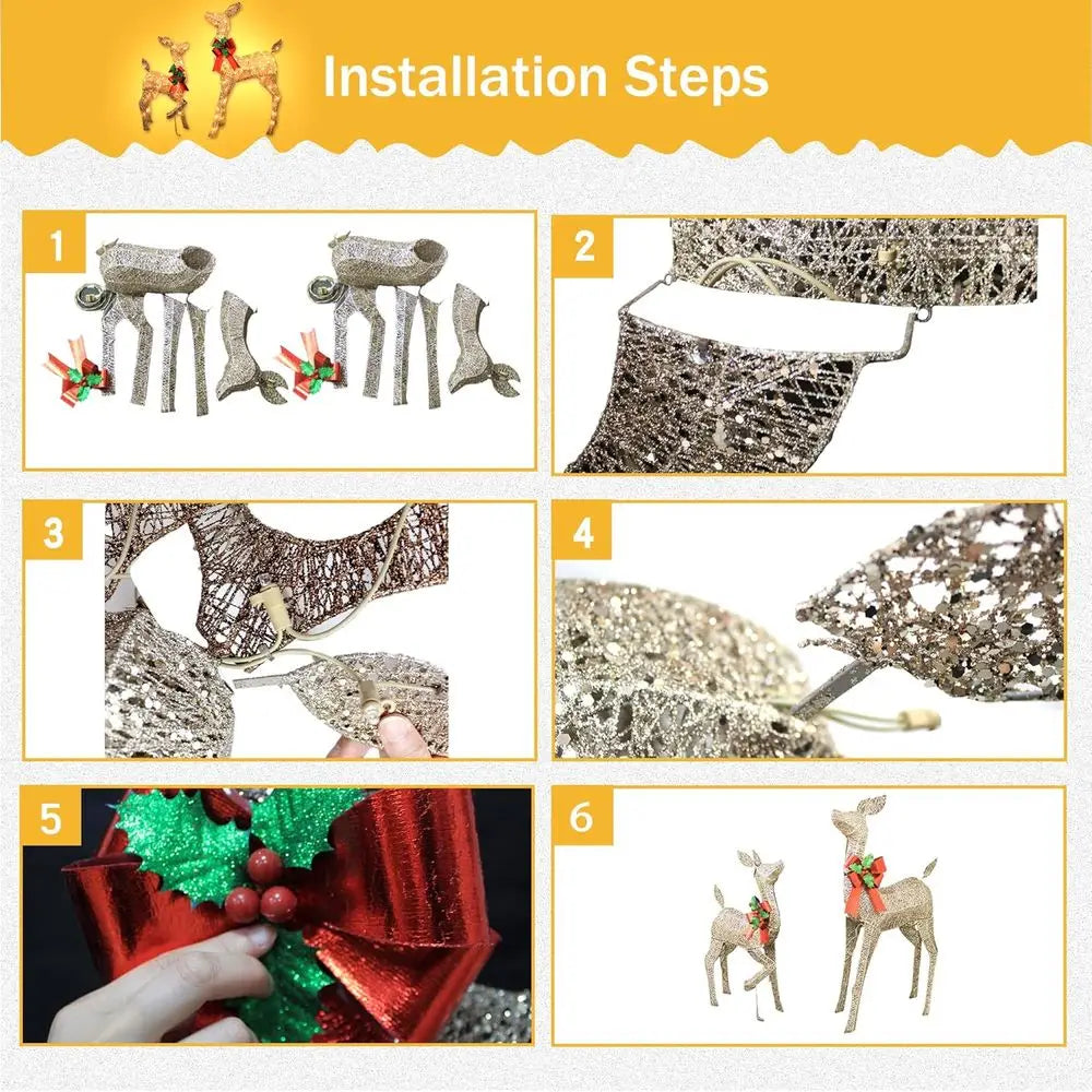 Champagne Gold Lighted Outdoor Christmas Deer Duo Set with Bow for Yard and Tree Holiday Decor