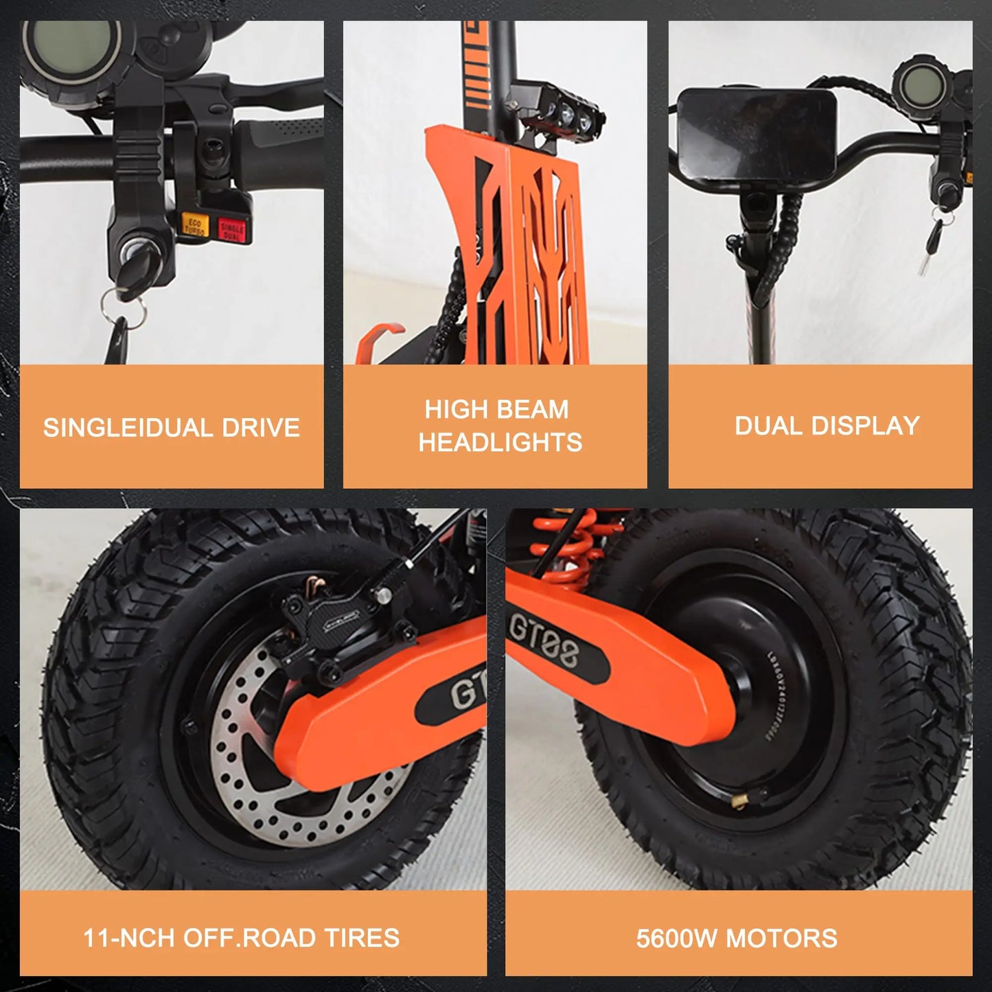 GT08 5600 W Adult Electric Scooter Dual Motor Top Speed 50 MPH,60 V 27 AH, 11-inch Off-Road Tires Sport Folding e-Scooter with Seat