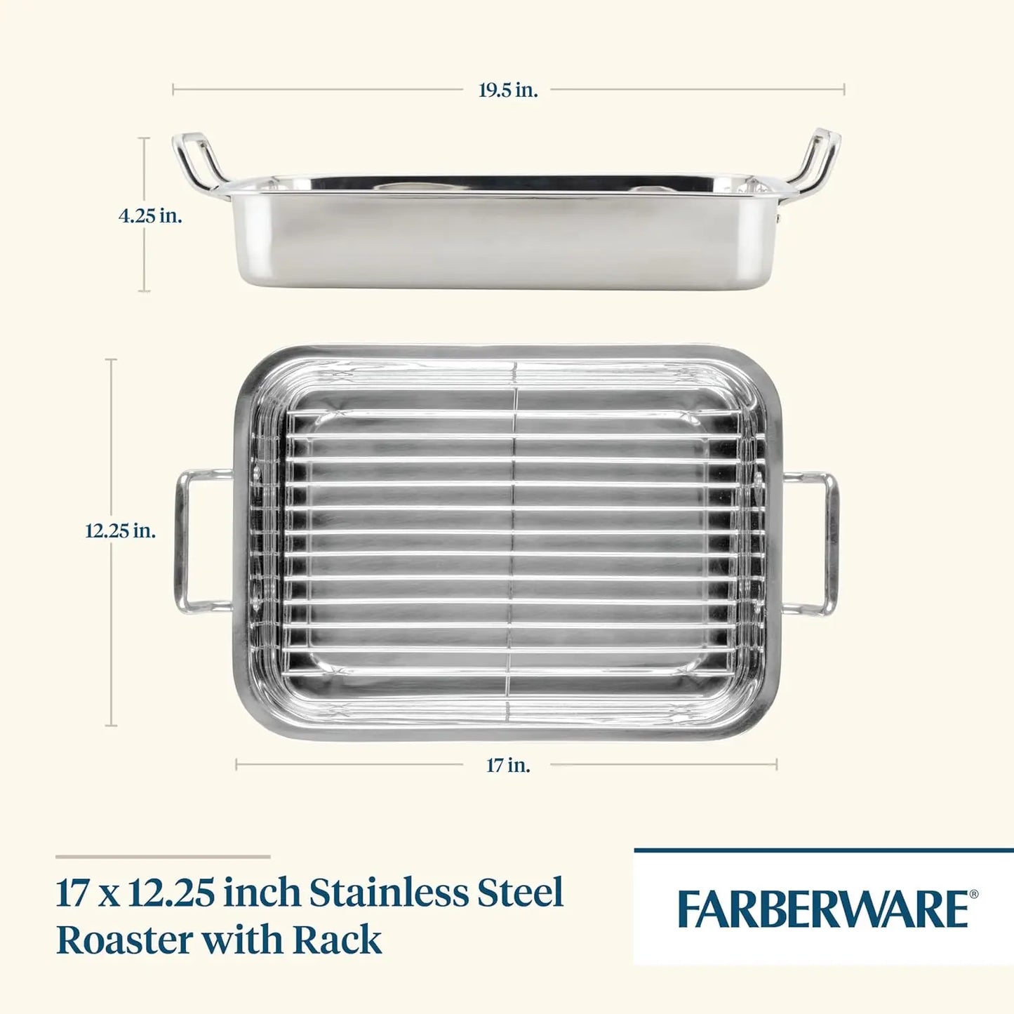 Stainless Steel Roasting Pan with Rack, 17x12.25 Inch, Oven Safe to 500°F, Dishwasher Safe