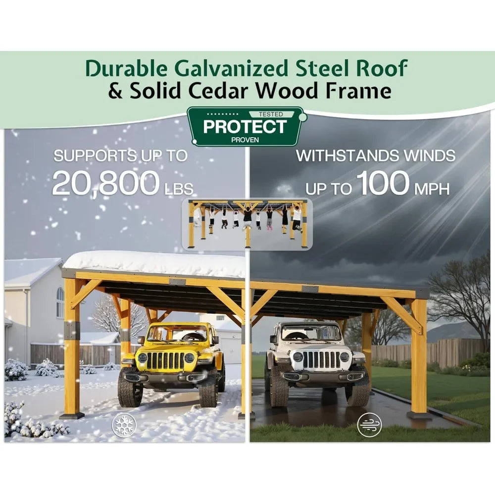20 x 20 x 9.2 FT Cedar Wood Carport with Sloped Galvanized Steel Roof, Heavy Duty Shelter for 2 Cars, Trucks, Boats & Tract