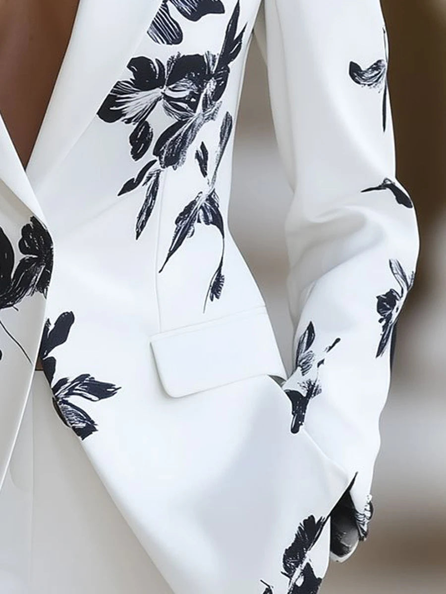 Elegant Floral Print Long Sleeve Blazer for Women - Chic V-Neck Jacket with Pockets, Stylish Outerwear