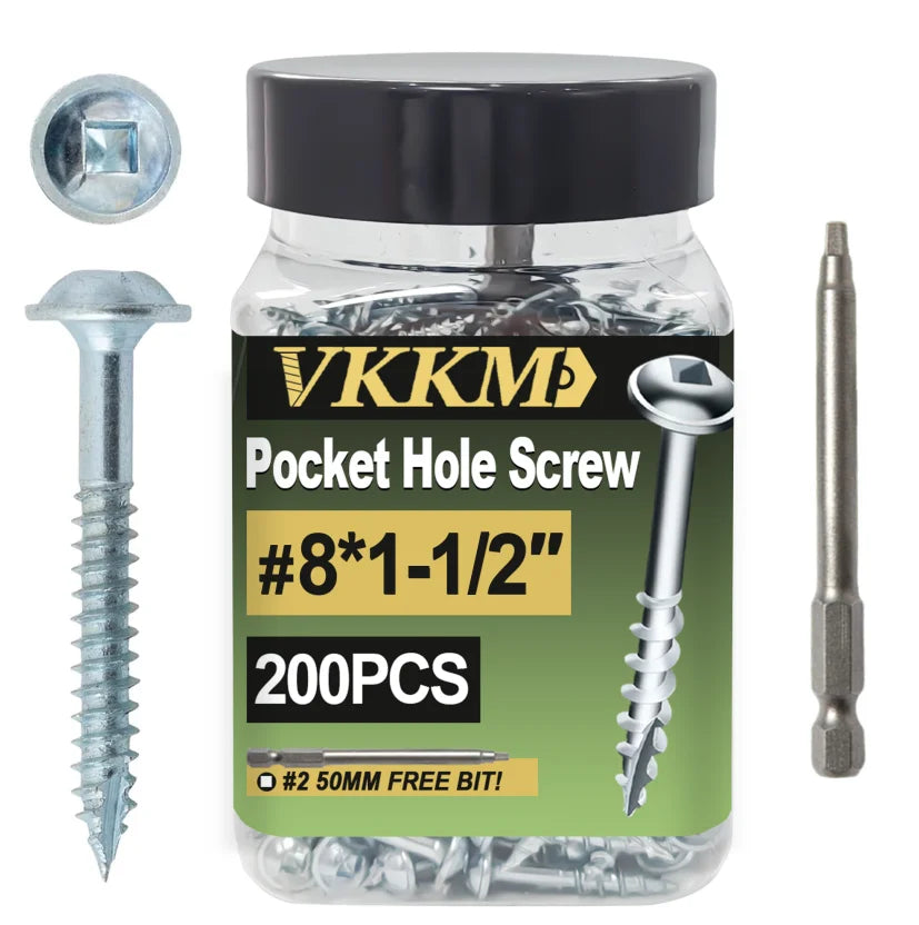 VKKM Galvanized Pocket Hole Screws #7 #8 1-1/4" 1-1/2" 200-300PCS w/ Free Drill Bits for Woodworking Tools