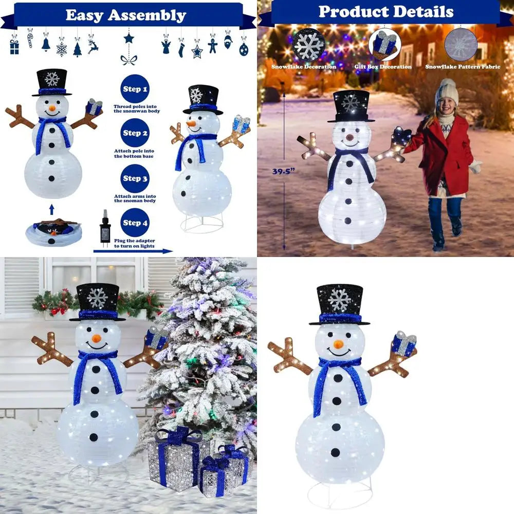 Pre-lit 100-Light Collapsible Snowman with Blue Scarf and Illuminated Gift for Outdoor Christmas
