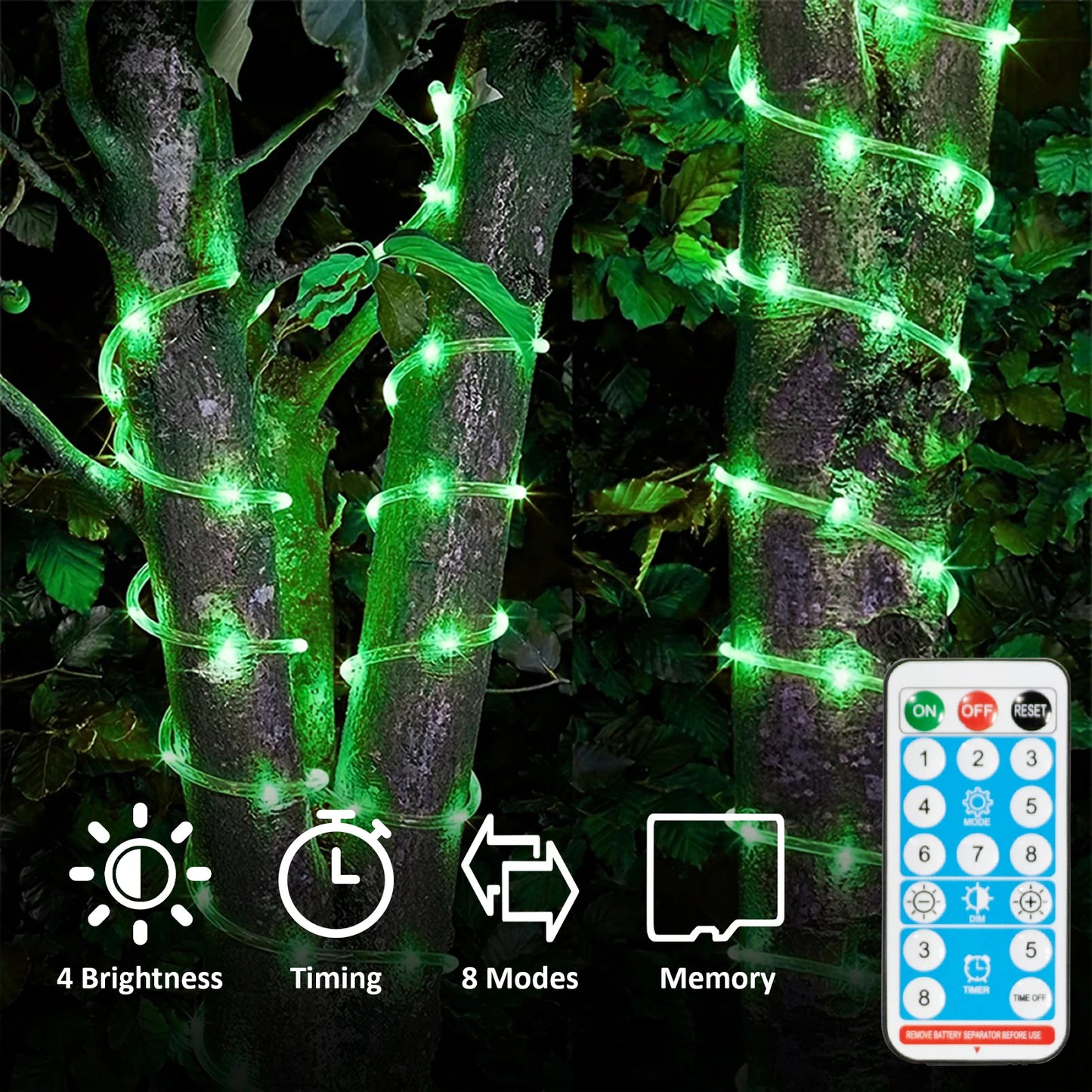 Green Solar Rope String 72ft Rechargeable 200led , 8 Lighting Modes, Suitable For Gardens, Weddings, Christmas Parties, And Diy