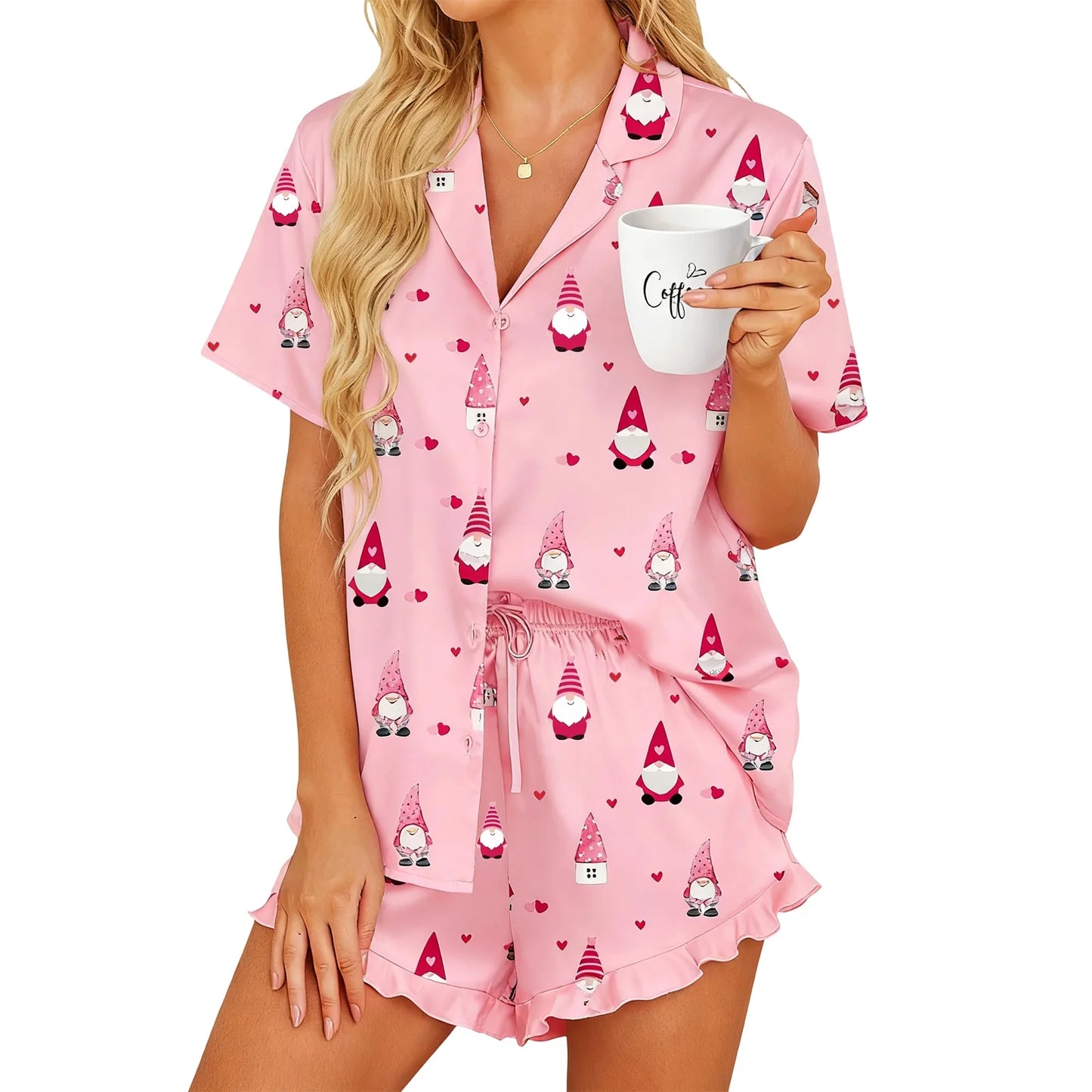 2 Piece Christmas Pajamas Sets for Women Lapel V Neck Short Sleeve Christmas Themed Print Tops and Drawstring Waist Shorts with