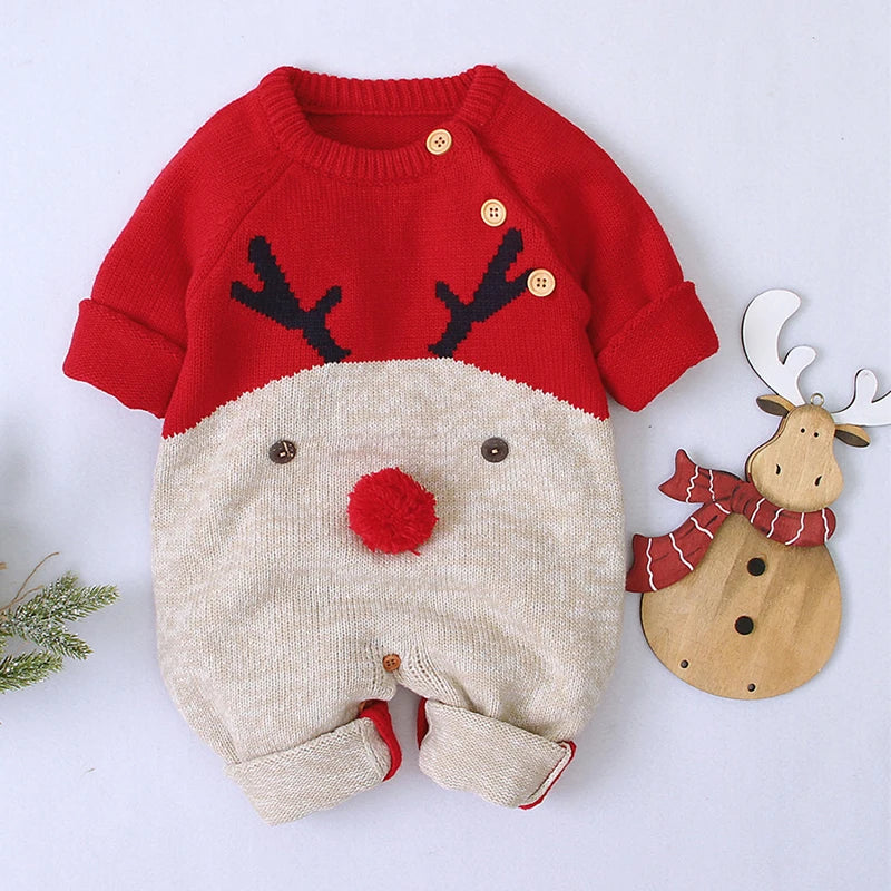 Baby Romper Clothes Winter Red Cartoon Milu Deer Knitted Newborn Infant Boy Girl Long Sleeve Jumpsuits Infant Christmas Outfits