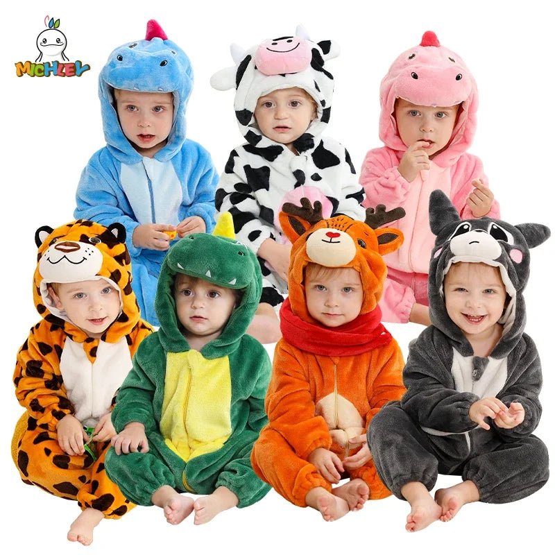 MICHLEY Halloween Winter Baby Rompers Hooded Flannel Cosplay Toddler Infant Clothes Bodysuits Jumpsuit Costume For Girl Boy