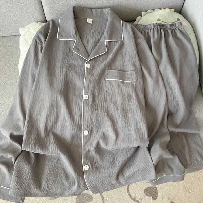 Autumn New Solid Simple Men's Pajamas Set Plus Size Lapel Neck Long Sleeve 2 PC Men's Pajamas Casual Soft Oversized Loungewear