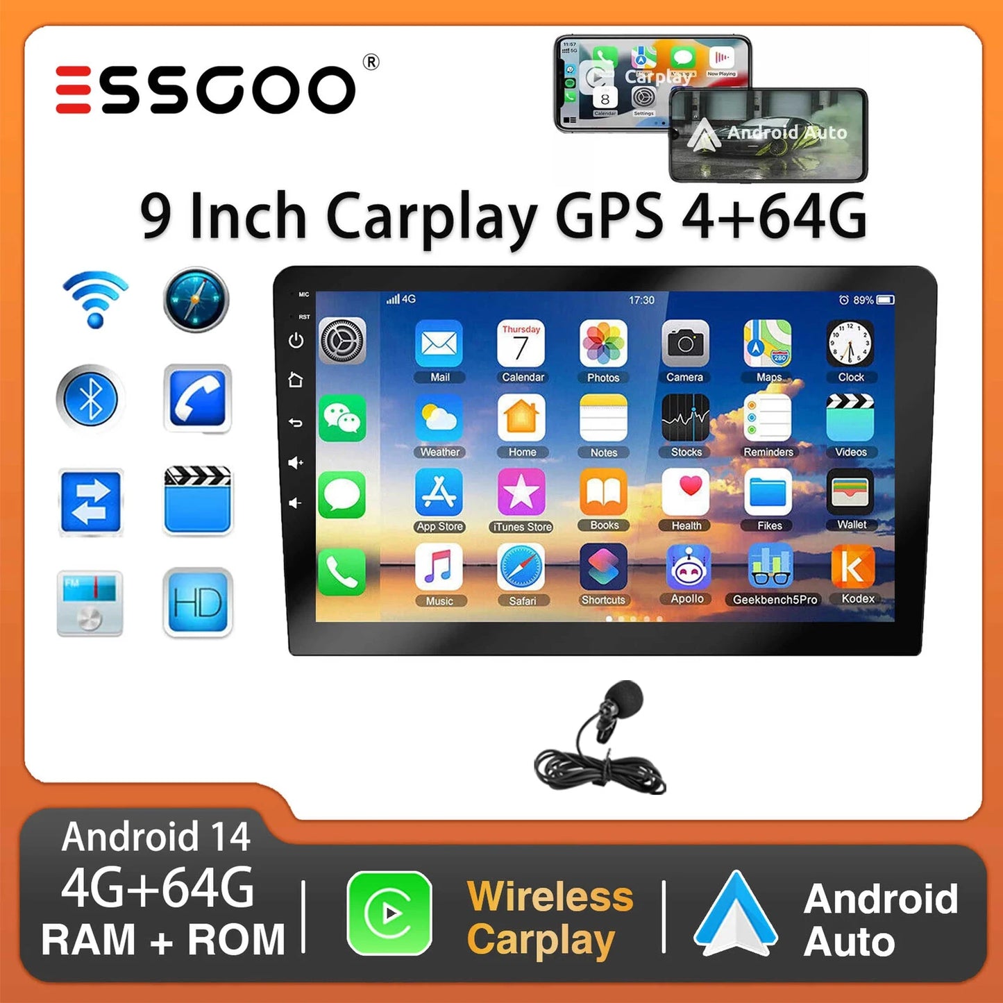 ESSGOO 9 Inch 2 DIN Car Stereo Radio Wireless Car-play Android Auto Car Stereo Bluetooth 64 G GPS Navigation RDS WiFi USB FM DAB+CAM
