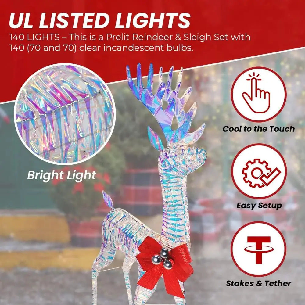 Illuminated Iridescent Santa Sleigh & Reindeer Set, 4ft Outdoor/Indoor Christmas Lawn Decoration with 140 Lights