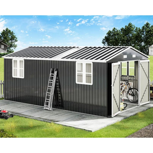 10 x 16 x 7.2 Ft Metal Storage Shed with Two Clear Panels, Outdoor Tool Storage with Hinged Double Doors, Windows, and Vents
