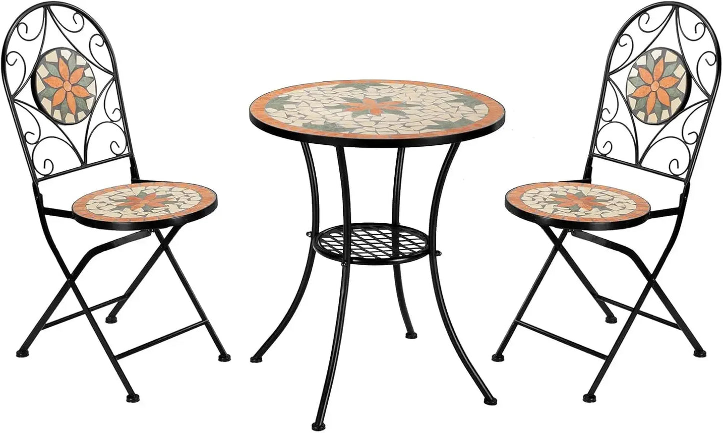 2025-3 Pieces Garden Patio Mosaic Table, Outdoor Bistro Set with Folding Chairs,Black Iron Frame
