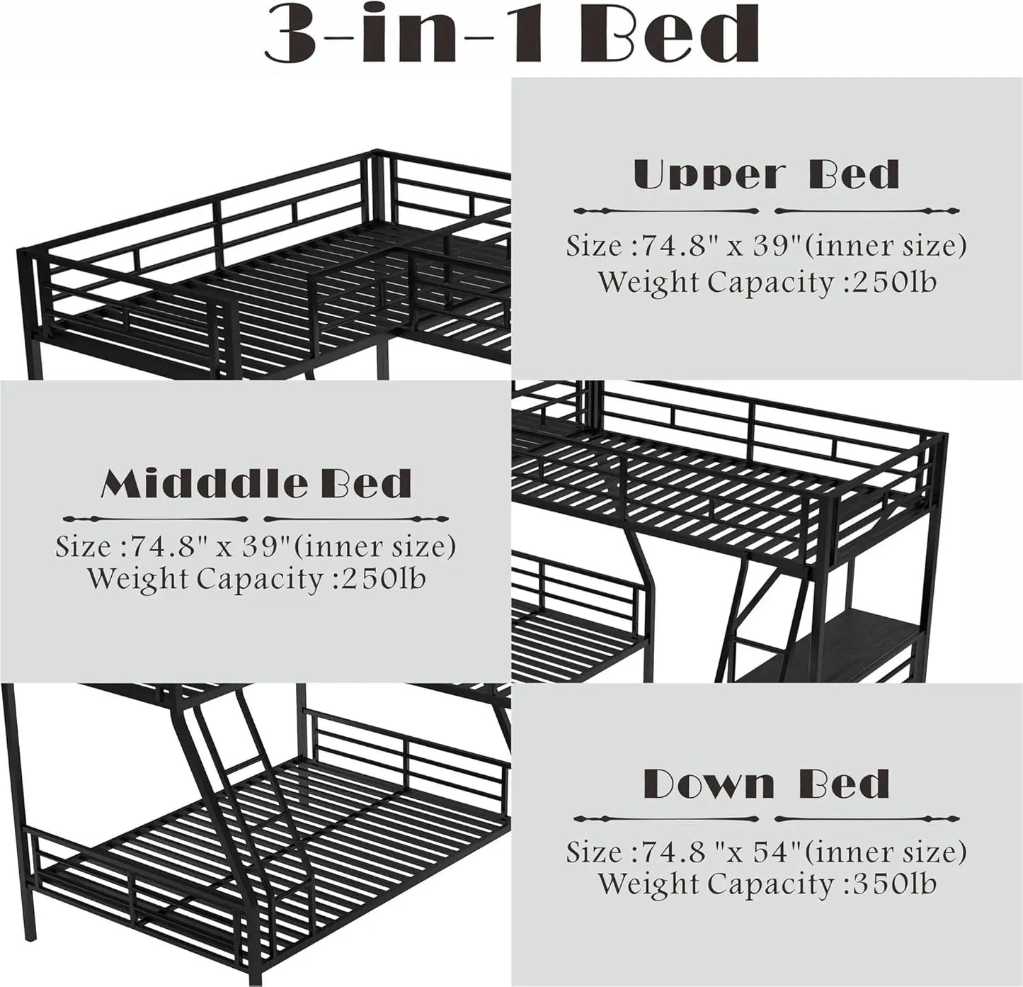 Twin Over Full L-Shaped Triple Bunk Bed with Loft Bed for 3 Kids  Over Twin Over Full Metal Bunk Bed with Desk