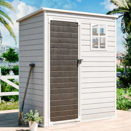 5x3 FT Resin Outdoor Storage Shed with Floor Lockable Door Window Vents Gray Waterproof Plastic Tool Shed for Backyard Patio Po