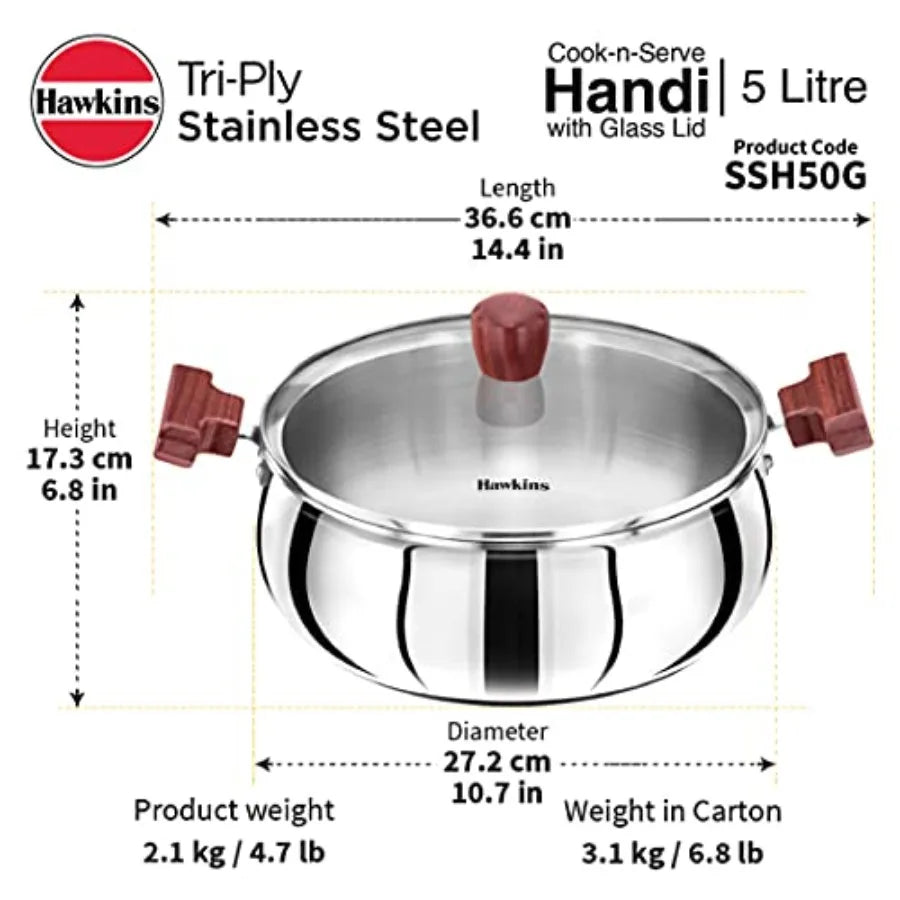 5 Litre Cook n Serve Handi Triply Stainless Steel Handi with Glass Lid Induction Sauce Pan Biryani Handi Saucepan Silver SSH50G
