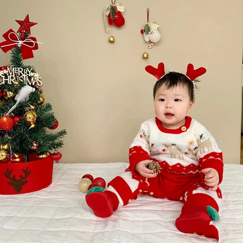 Baby Romper Clothes Winter Red Cartoon Milu Deer Knitted Newborn Infant Boy Girl Long Sleeve Jumpsuits Infant Christmas Outfits