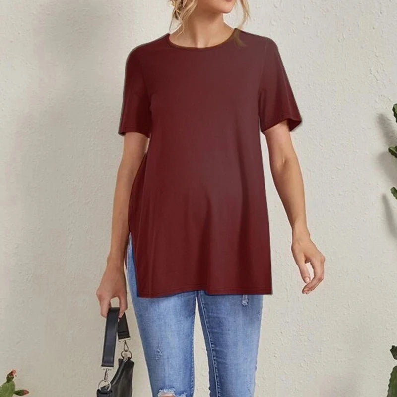 Maternal T-shirt Summer New Solid Color Round Neck Short Sleeve Breastfeeding Month Suit Pregnant Women Casual Feeding Clothes