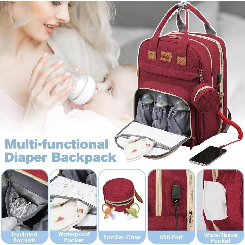 Large Diaper Bag with Changing Station, Fold able Diaper Bag Backpack with Bed, Diaper Bag with Insulated Pockets