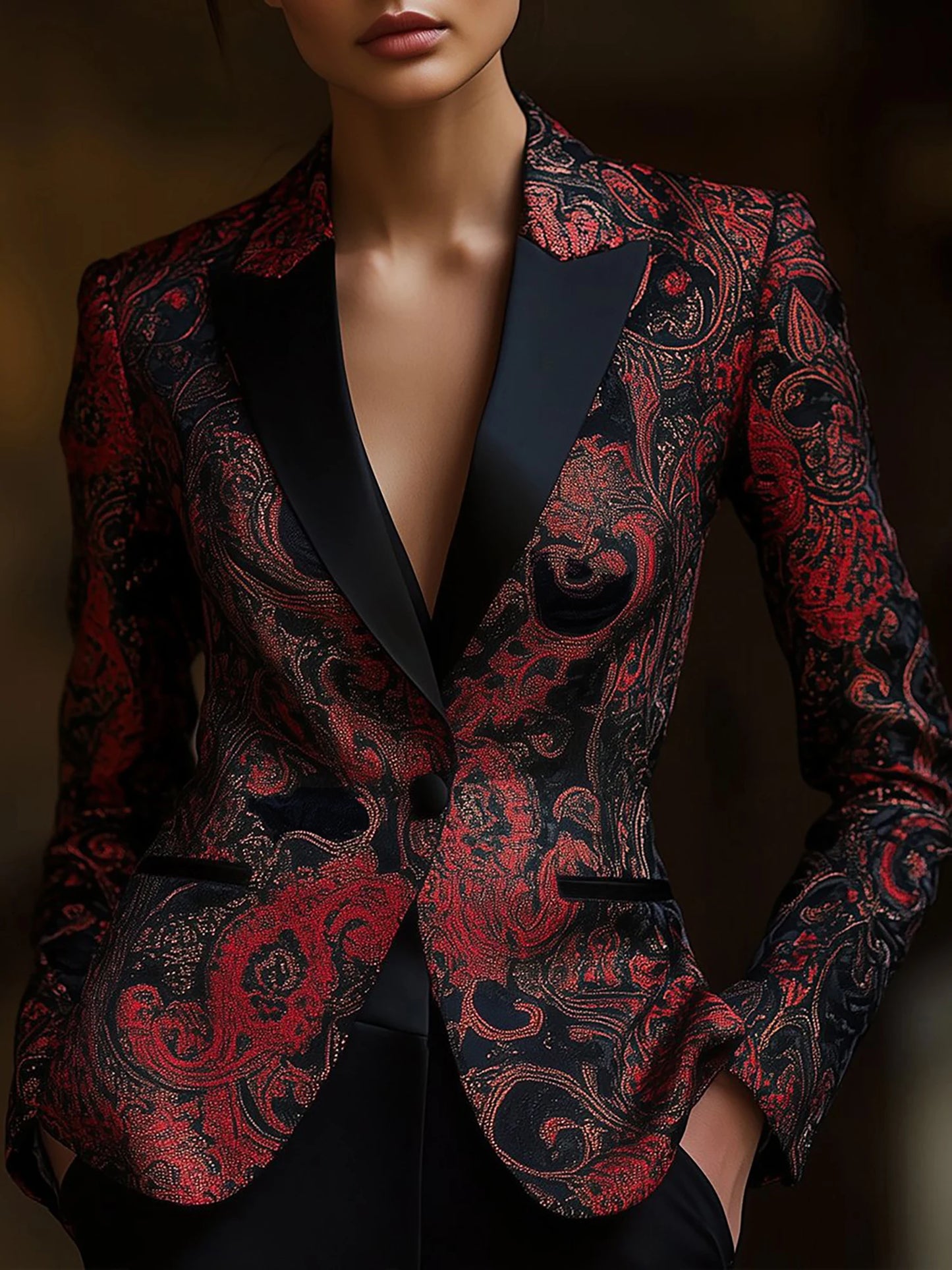 Elegant Floral Print Long Sleeve Blazer for Women - Chic V-Neck Jacket with Pockets, Stylish Outerwear