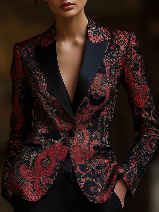 Elegant Floral Print Long Sleeve Blazer for Women - Chic V-Neck Jacket with Pockets, Stylish Outerwear