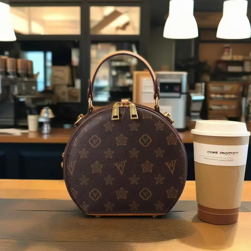 Vintage Floral Print Round Handbag for Women - Elegant Detachable Strap, Zipper Closure, Polyester Lined, White Leather-Like