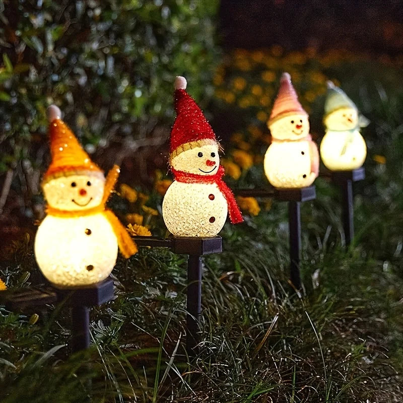 Solar-Powered Snowman Lights 4-Piece Set (1 Solar Panel) - Christmas Outdoor Garden LED Flashing String Lights, Fit for Lawn