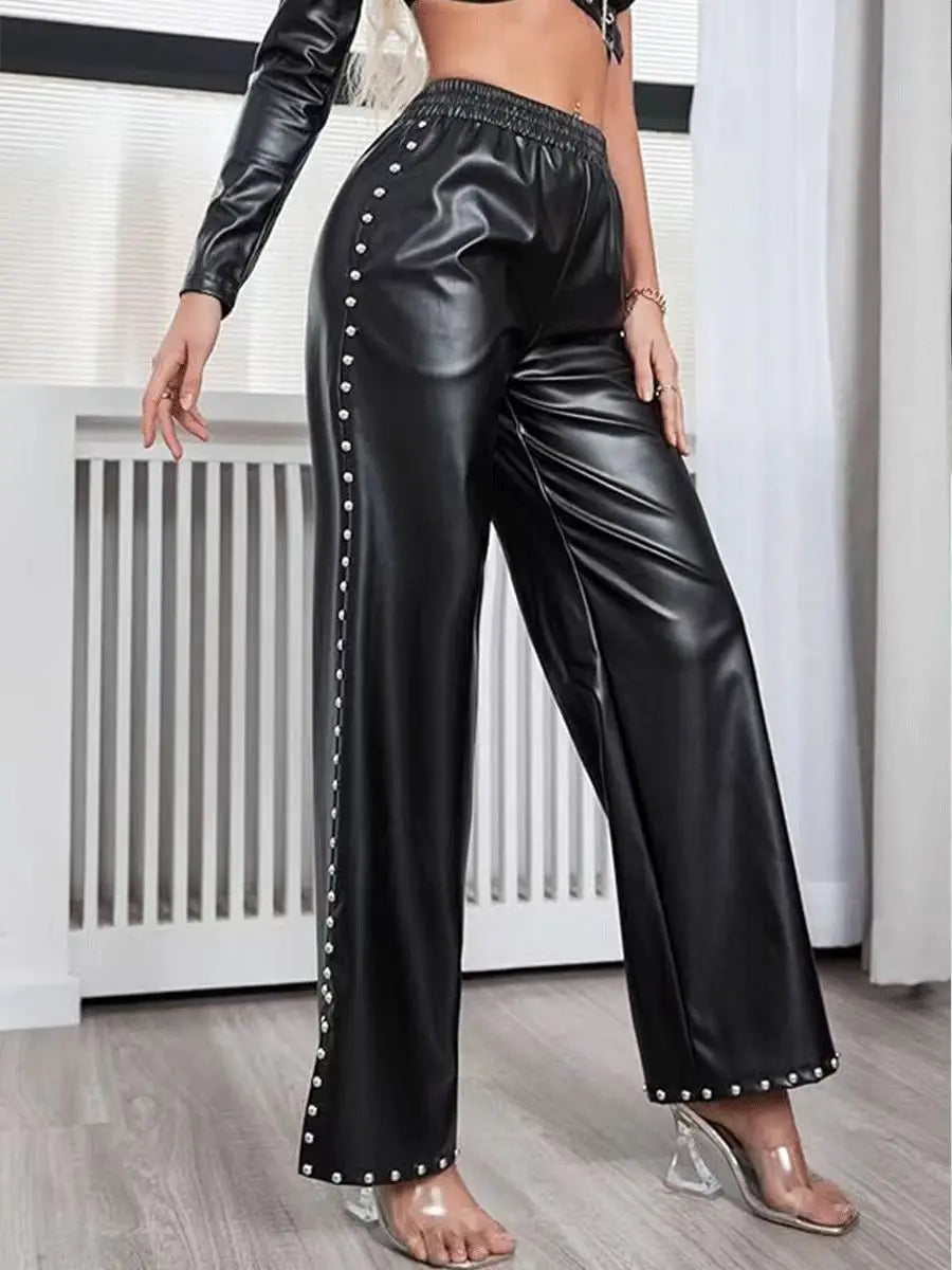 Women's black rivet wide-leg jeans, fashionable, punk style, casual, loose, denim long pants