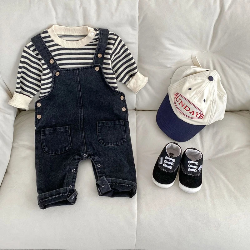 New spring baby clothes for 0 - 3 years old, neutral denim jumpsuits and striped tops, sold separately