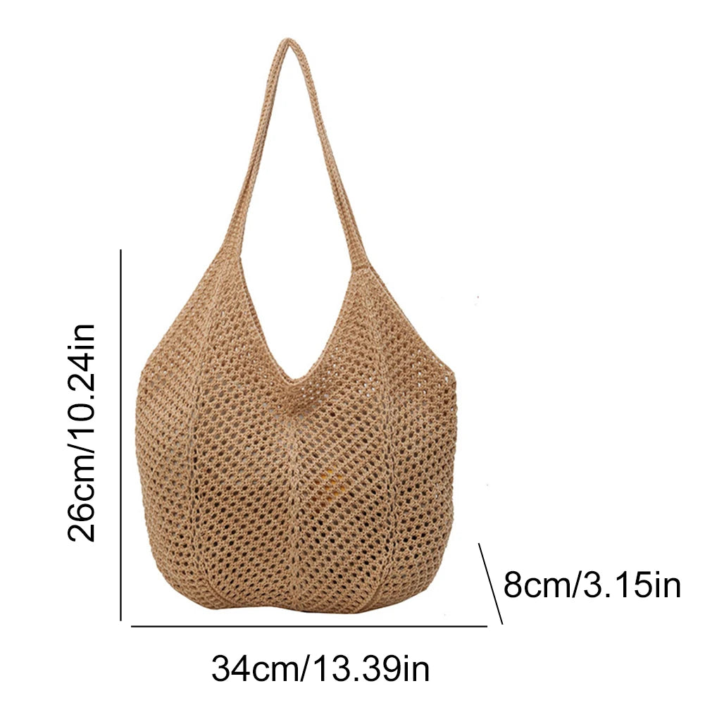 Retro Hand Knitted Shoulder Bag Fashion Women's Hollow Woven Handbag Large Capacity Solid Crochet Tote Bag Summer Mesh Beach Bag