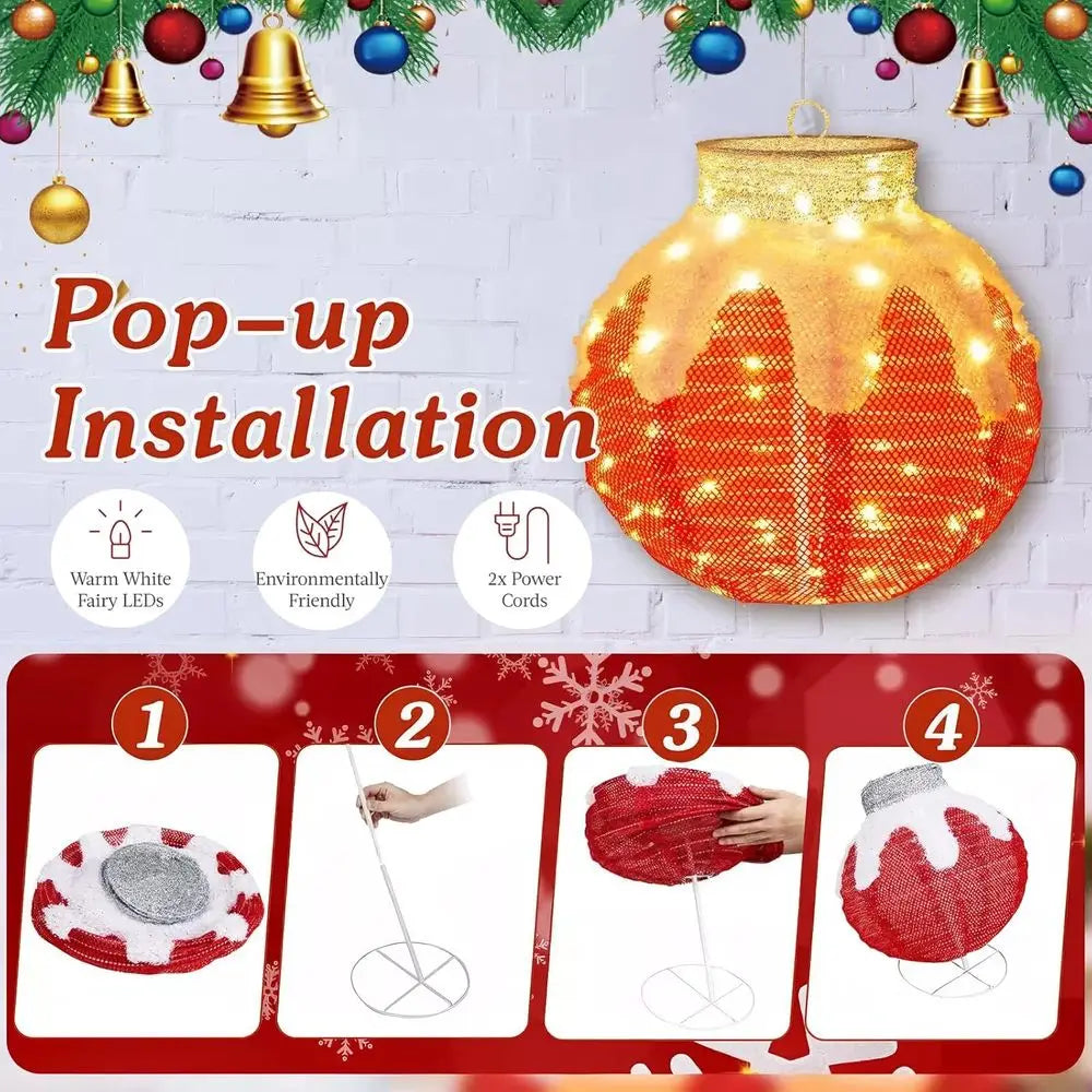 Set of 3 Large Illuminated Flocked Christmas Balls, Outdoor Waterproof LED Hanging Decorations with Base Stakes, Easy Plug-and-P