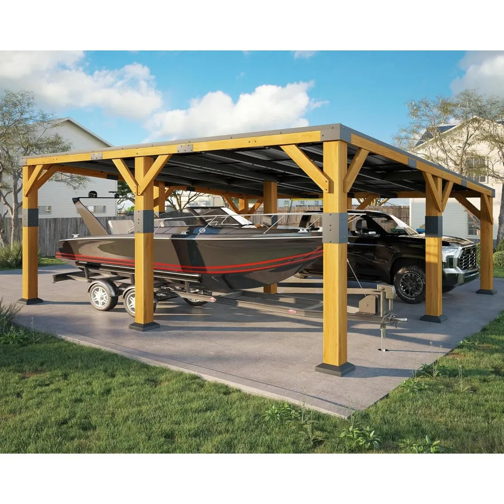 20 x 20 x 9.2 FT Cedar Wood Carport with Sloped Galvanized Steel Roof, Heavy Duty Shelter for 2 Cars, Trucks, Boats & Tract