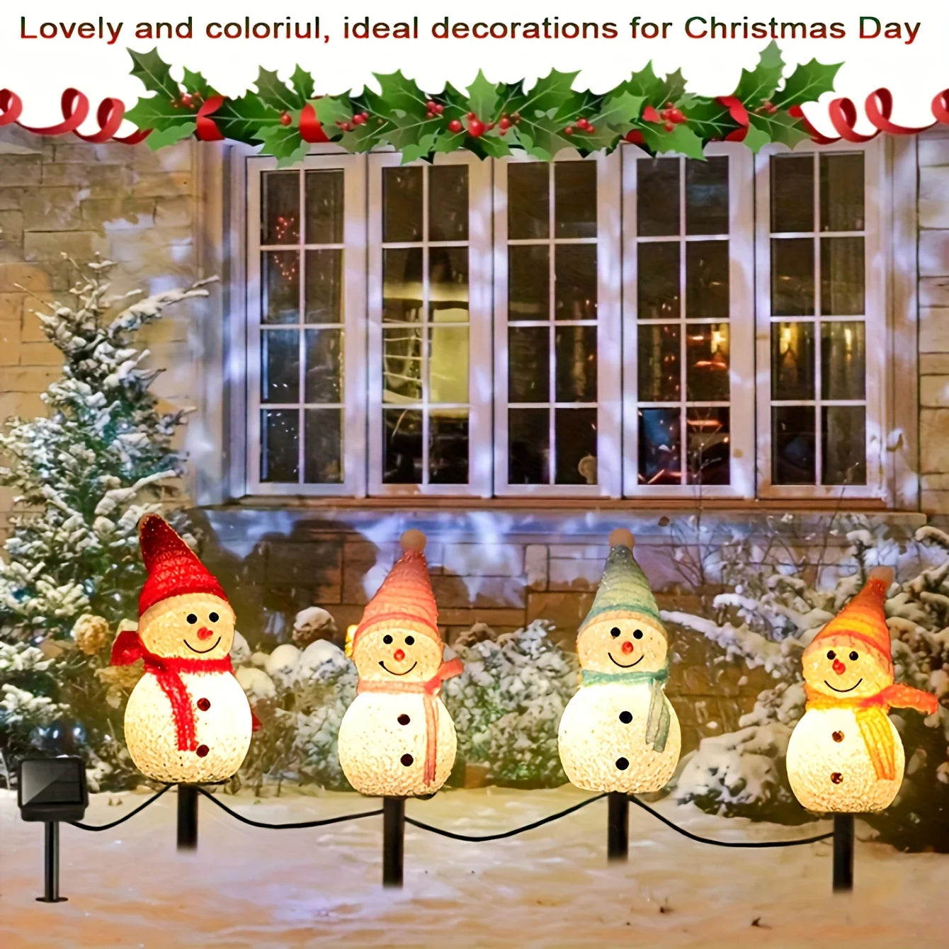 Solar-Powered Snowman Lights 4-Piece Set (1 Solar Panel) - Christmas Outdoor Garden LED Flashing String Lights, Fit for Lawn