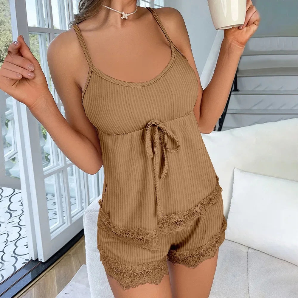 Women's Sexy Pajamas Set 2025 Summer Sleeveless Top Shorts Sleepwear 2 Piece Set For Women Home Casual Lace Suspender Slim Suit