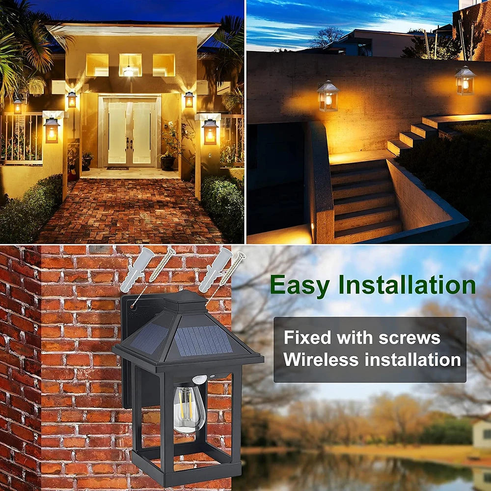 2 Piece Solar Powered Wall Lanterns with 3 Modes Dusk to Dawn Motion Sensor LED Sconce Lights Exterior Front Porch Security Lamps
