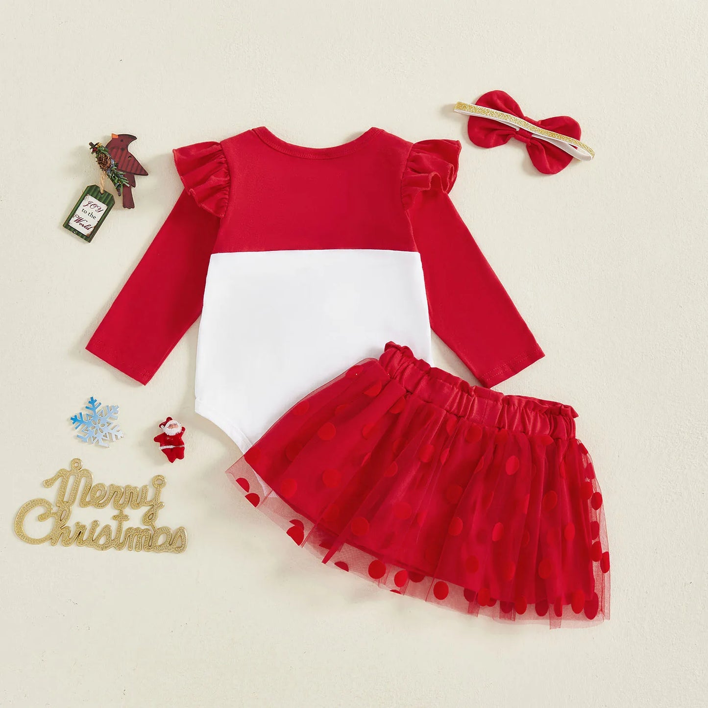 Baby Girls 3pcs Outfit Christmas Long Sleeve O Neck Reindeer Print Jumpsuit Headband Bow Mesh Skirt Newborn Clothes Set