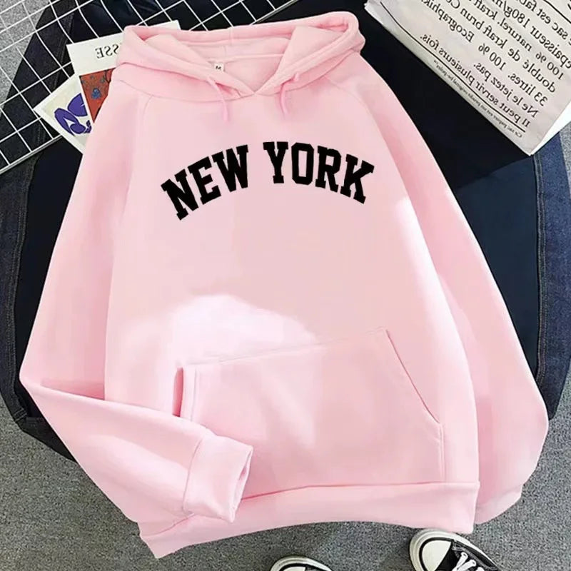 Hoodie Europe and America Sweatshirts for Women New York Letter y2k Autumn Winter Oversized Plus Velvet Casual Loose Fleece Tops