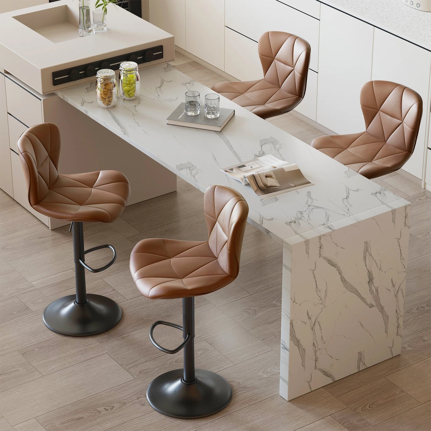 4 Piece Modern Bar Chair Set, Comfortable PU Leather, 360° Swivel Adjustable Height, Upholstered Kitchen Side Chair With Metal Legs