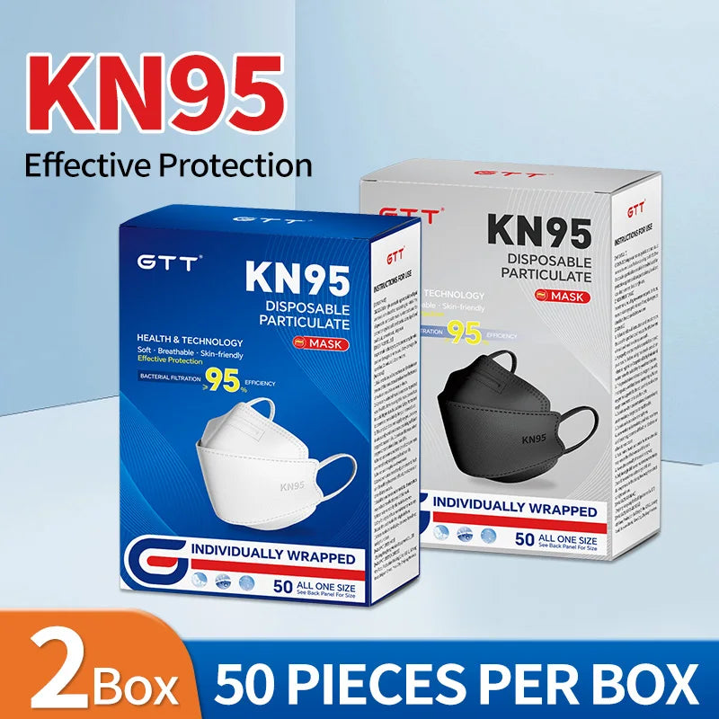 GTT 50-200Pcs Disposable Masks KN95 Fish-shaped 3D Mask Independent Packag 4-layer Filter Dust-proof Protection Mask Black White