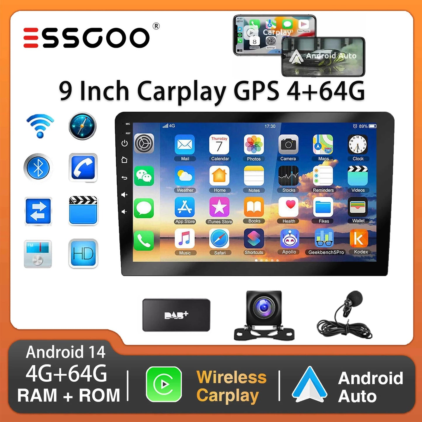 ESSGOO 9 Inch 2 DIN Car Stereo Radio Wireless Car-play Android Auto Car Stereo Bluetooth 64 G GPS Navigation RDS WiFi USB FM DAB+CAM