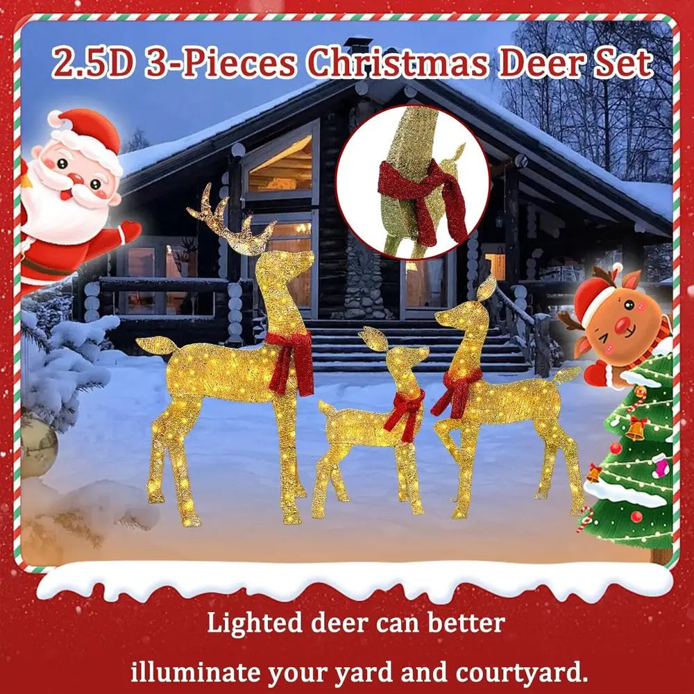48 2.5 D Gold LED Lighted Christmas Deer Set, 3-Piece Outdoor Reindeer Decorations with 145 Lights for Lawn and Garden