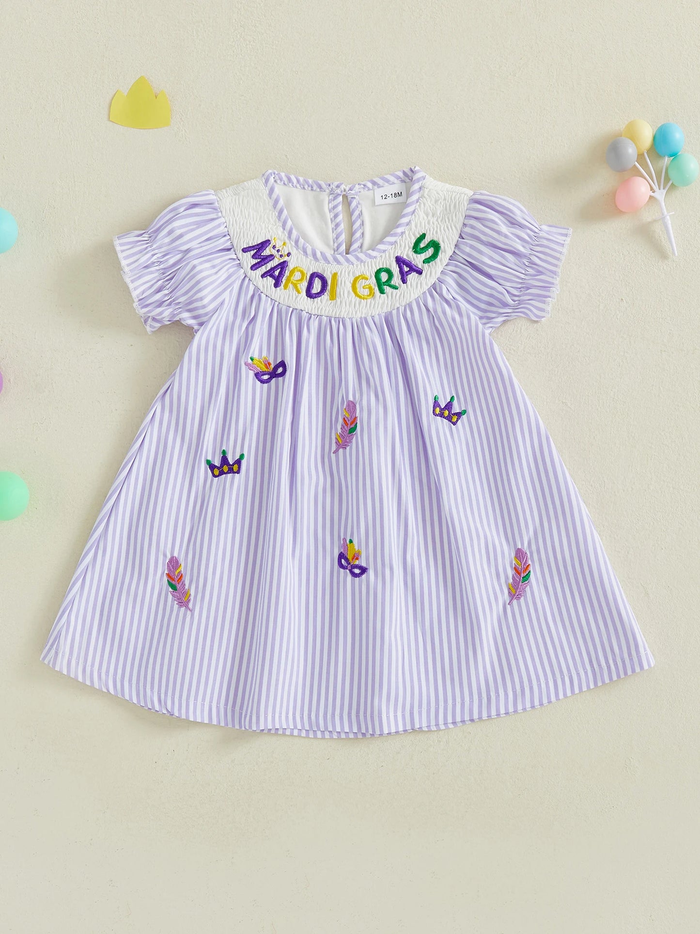 Toddler Baby Girl Mardi Gras Dress Loose Fit Letter Embroidered Striped Smocked Crew Neck Short Sleeve A Line Dress