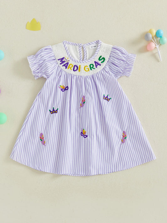 Toddler Baby Girl Mardi Gras Dress Loose Fit Letter Embroidered Striped Smocked Crew Neck Short Sleeve A Line Dress