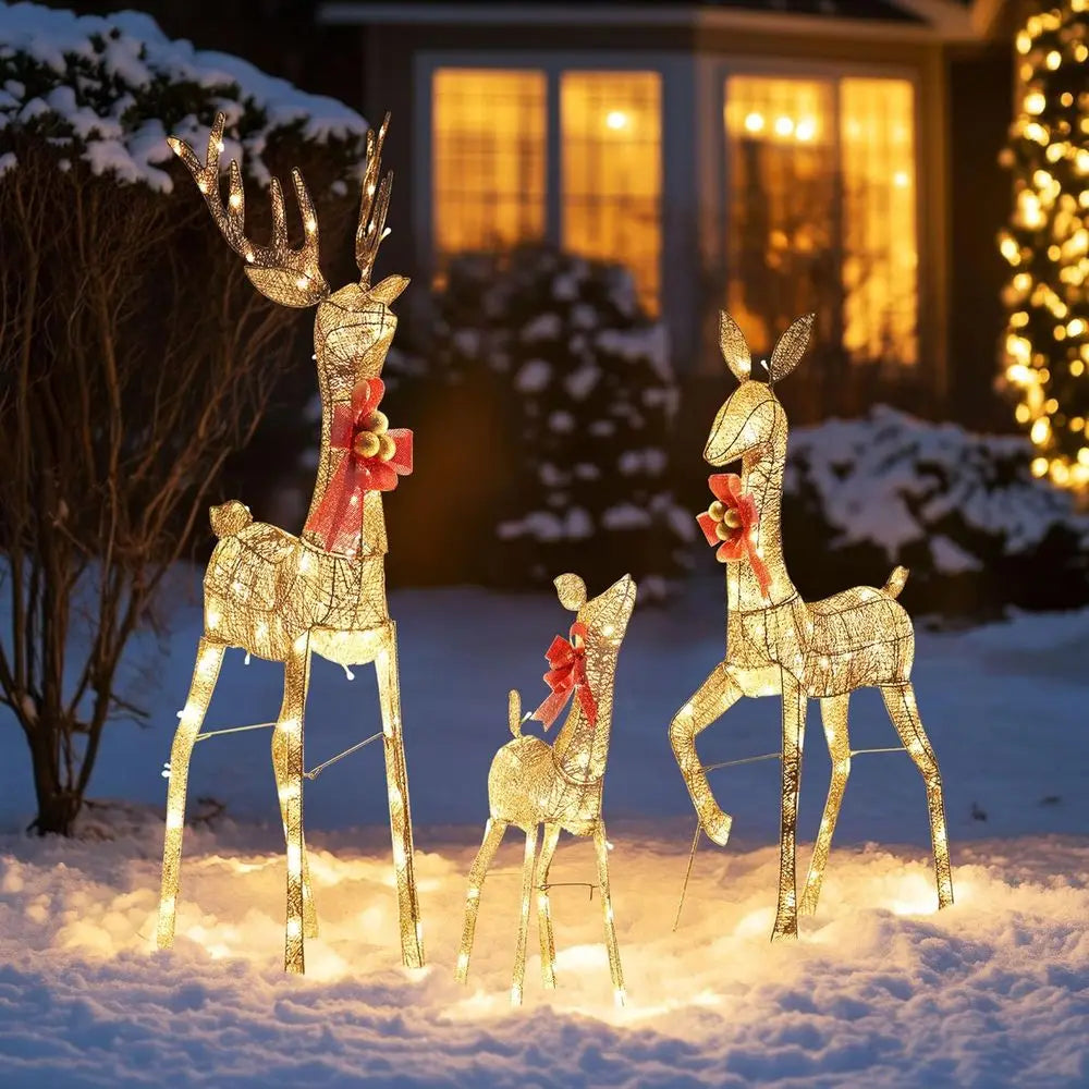 Illuminated 3 D Reindeer Family Christmas Decoration Set with 210 LED's, Outdoor Lawn Display with Stakes and Bows